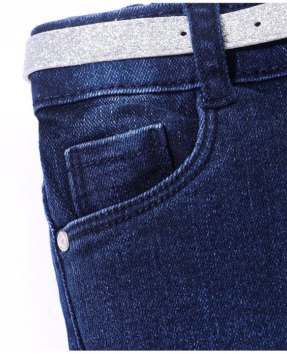 Babyhug Cotton Washed Denim Full Length Jeans With Belt Star Embroidery- Dark Blue