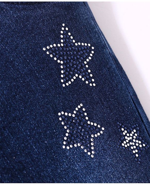 Babyhug Cotton Washed Denim Full Length Jeans With Belt Star Embroidery- Dark Blue