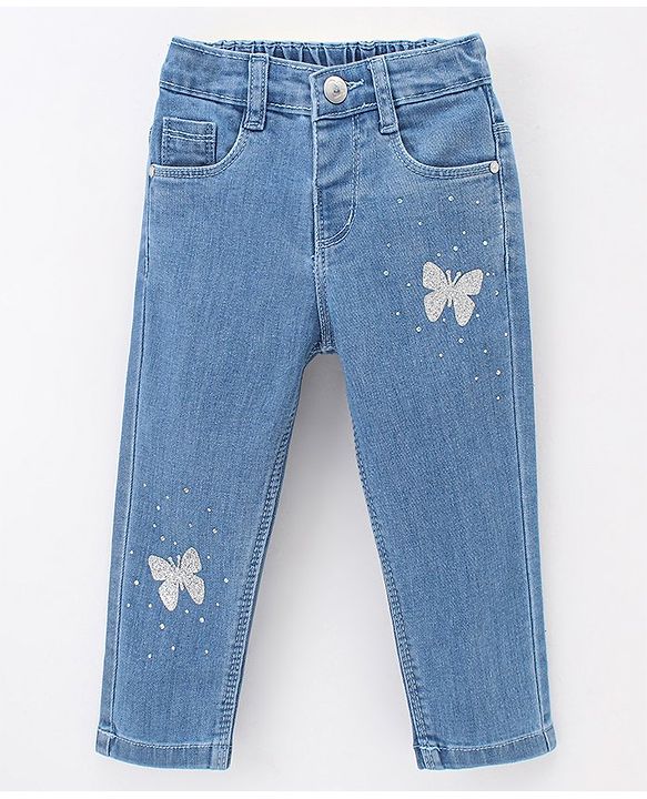 Babyhug Cotton Stretchable Washed Full Length Butterfly Print Jeans - Blue