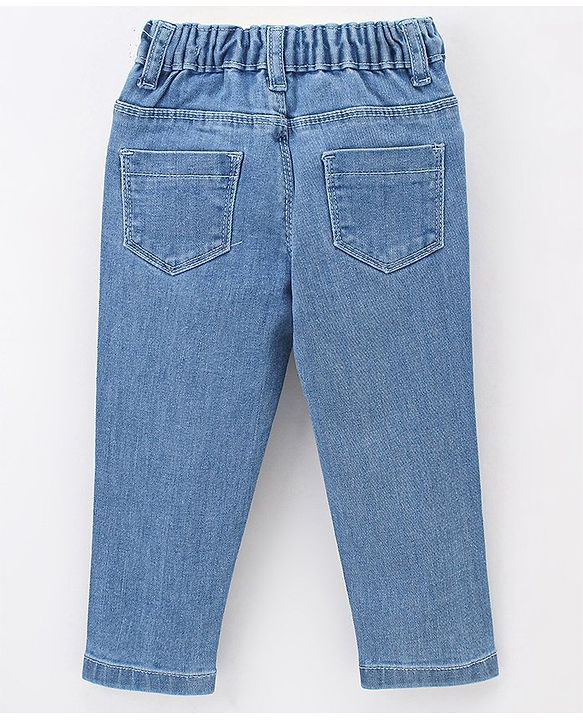 Babyhug Cotton Stretchable Washed Full Length Butterfly Print Jeans - Blue