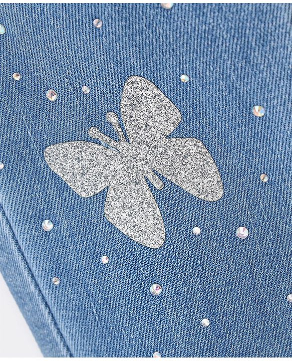 Babyhug Cotton Stretchable Washed Full Length Butterfly Print Jeans - Blue