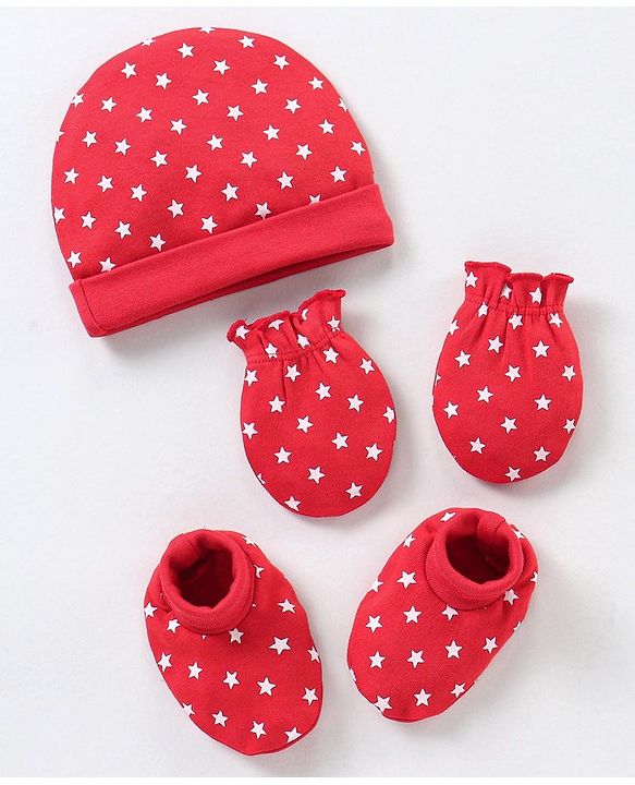 Babyhug 100% Cotton Cap Mittens & Booties Star Print Red - Cap Diameter 9.5 cm