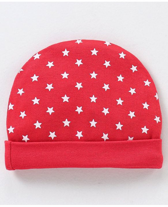 Babyhug 100% Cotton Cap Mittens & Booties Star Print Red - Cap Diameter 9.5 cm