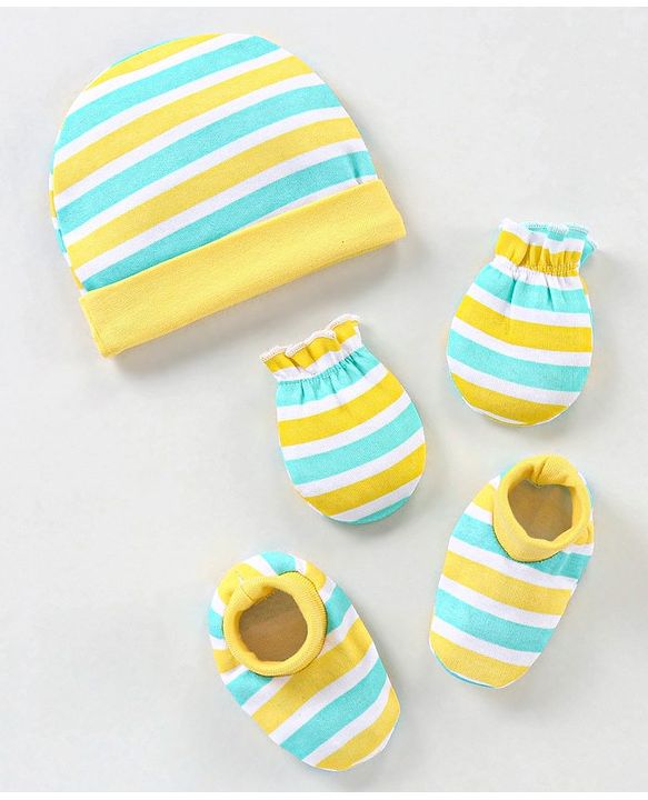 Babyhug 100% Cotton Knit Striped Cap Mittens & Booties Set Blue & Yellow - Diameter - 9.5 cm
