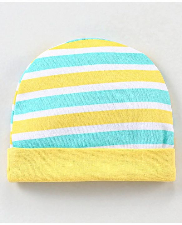 Babyhug 100% Cotton Knit Striped Cap Mittens & Booties Set Blue & Yellow - Diameter - 10.5 cm