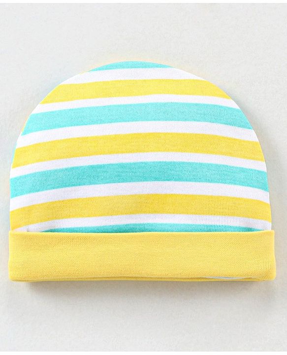 Babyhug 100% Cotton Knit Striped Cap Mittens & Booties Set Blue & Yellow - Diameter - 10.5 cm