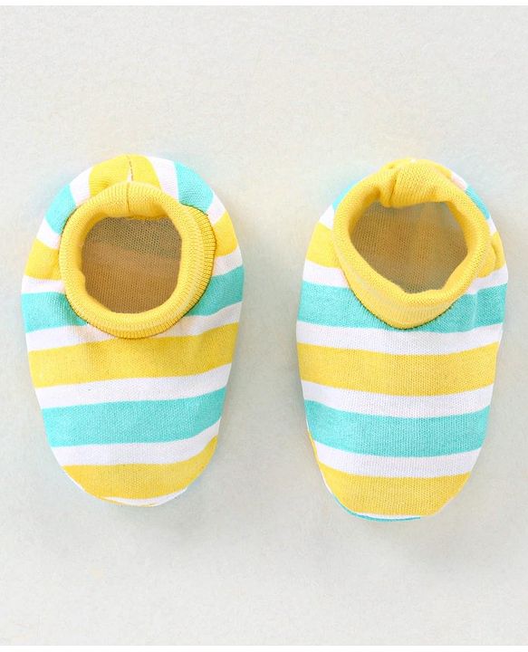 Babyhug 100% Cotton Knit Striped Cap Mittens & Booties Set Blue & Yellow - Diameter - 10.5 cm