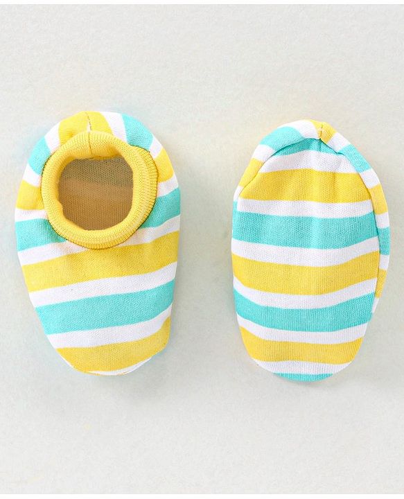 Babyhug 100% Cotton Knit Striped Cap Mittens & Booties Set Blue & Yellow - Diameter - 10.5 cm