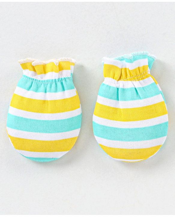 Babyhug 100% Cotton Knit Striped Cap Mittens & Booties Set Blue & Yellow - Diameter - 10.5 cm