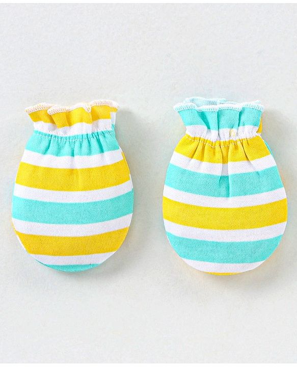 Babyhug 100% Cotton Knit Striped Cap Mittens & Booties Set Blue & Yellow - Diameter - 10.5 cm