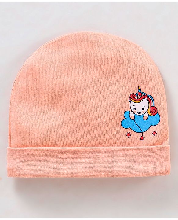 Babyhug 100% Cotton Cap Mittens & Booties Unicorn Print Peach- Diameter 11.5 cm