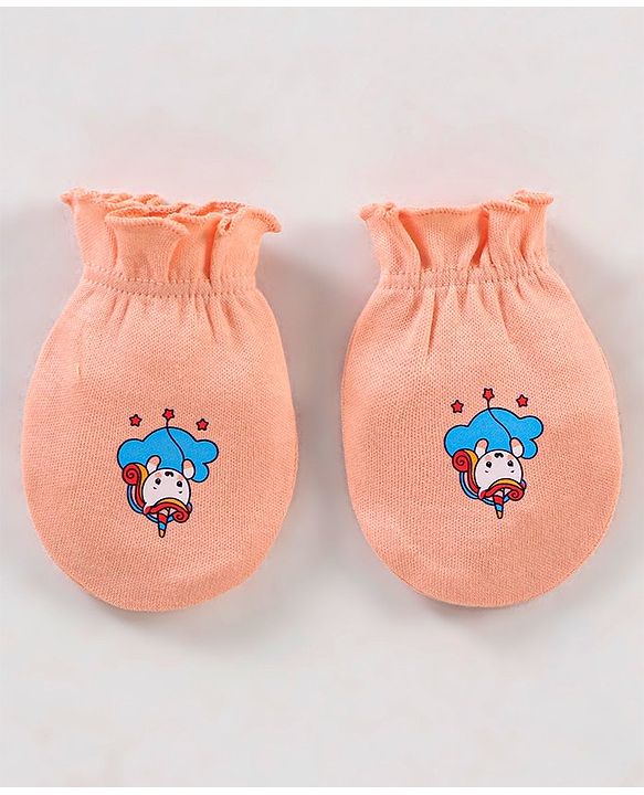 Babyhug 100% Cotton Cap Mittens & Booties Unicorn Print Peach- Diameter 11.5 cm