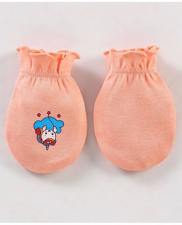 Babyhug 100% Cotton Cap Mittens & Booties Unicorn Print Peach- Diameter 11.5 cm