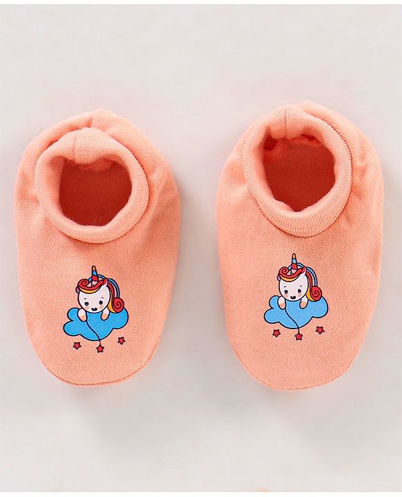 Babyhug 100% Cotton Cap Mittens & Booties Unicorn Print Peach- Diameter 11.5 cm