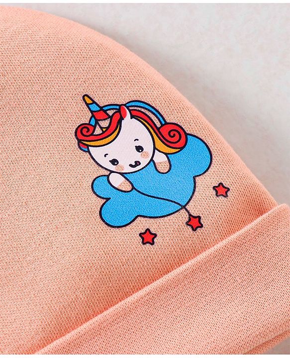 Babyhug 100% Cotton Cap Mittens & Booties Unicorn Print Peach- Diameter 11.5 cm