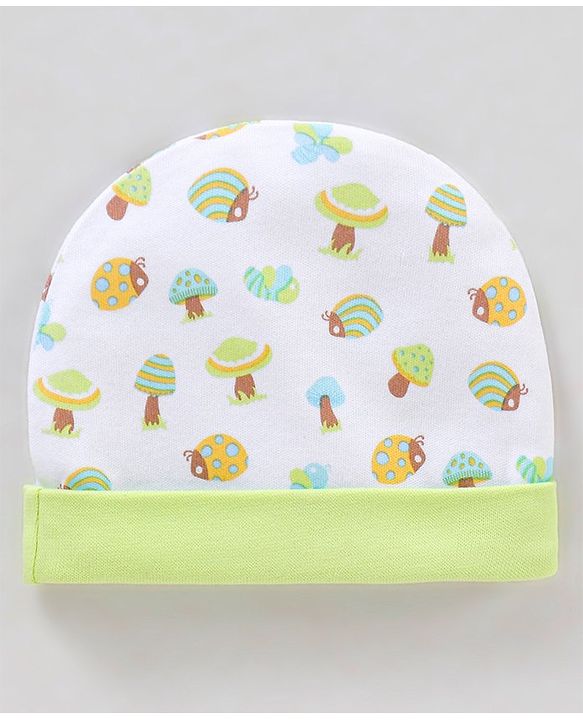Babyhug 100% Cotton Lady Bug Printed Cap Mittens & Booties White -  Diameter 11.5 cm