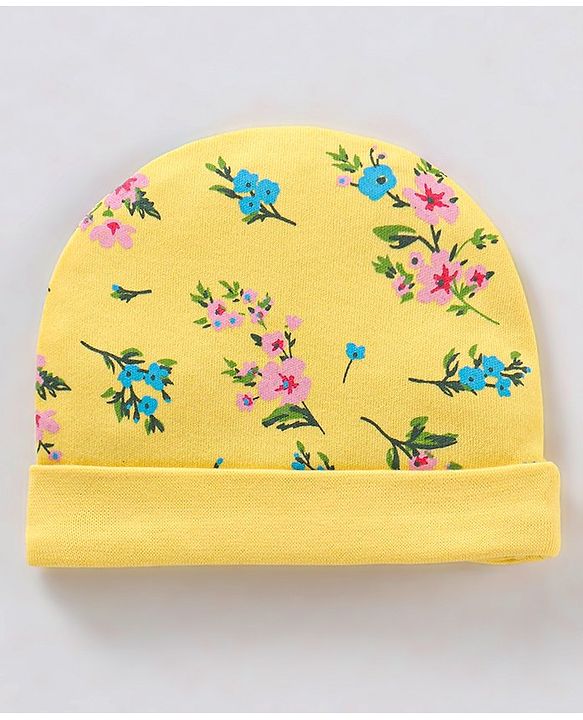 Babyhug 100% Cotton Cap Mittens And Booties Floral Print Yellow - Diameter 9 cm