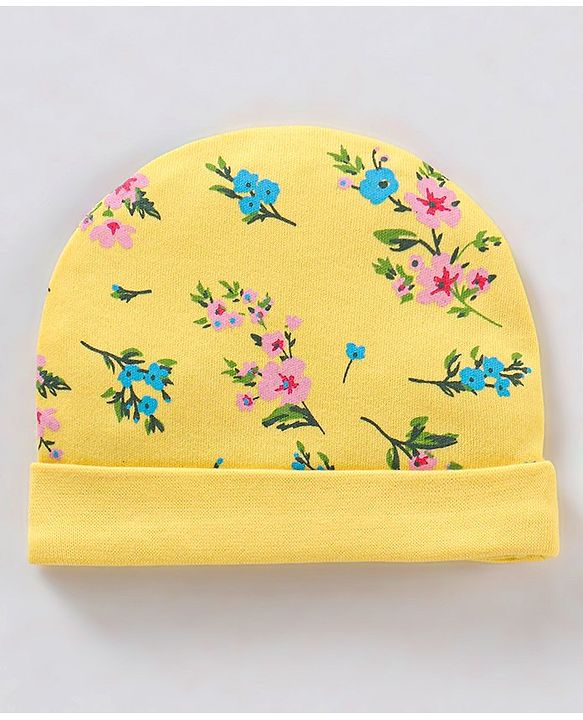 Babyhug 100% Cotton Cap Mittens And Booties Floral Print Yellow - Diameter 9 cm