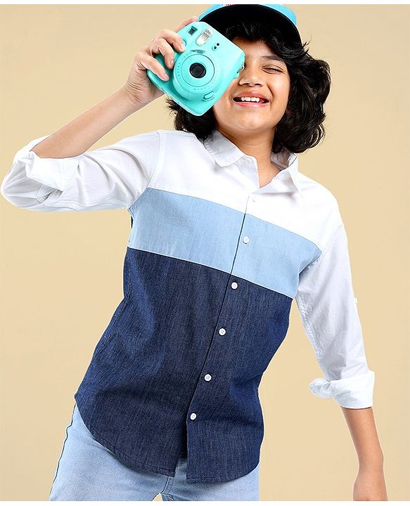 Pine Kids Cotton Full Sleeve Shirt Solid Color - White & Blue
