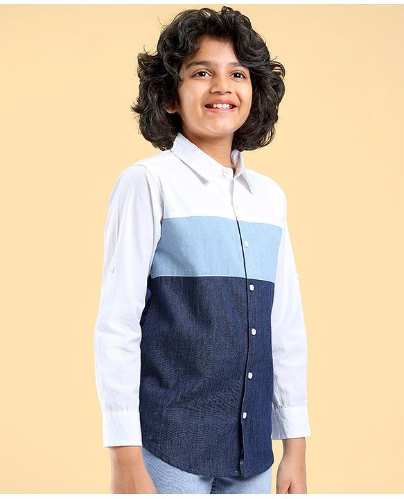 Pine Kids Cotton Full Sleeve Shirt Solid Color - White & Blue