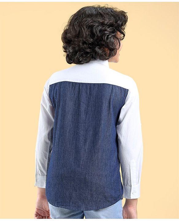 Pine Kids Cotton Full Sleeve Shirt Solid Color - White & Blue