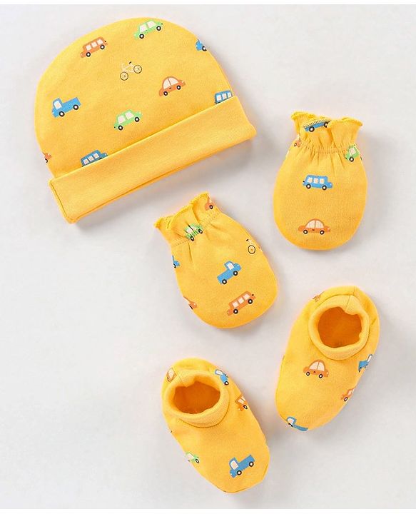 Babyhug 100% Cotton Knit Vehicles Printed Cap Mittens & Booties Set Yellow - Diameter - 9 cm