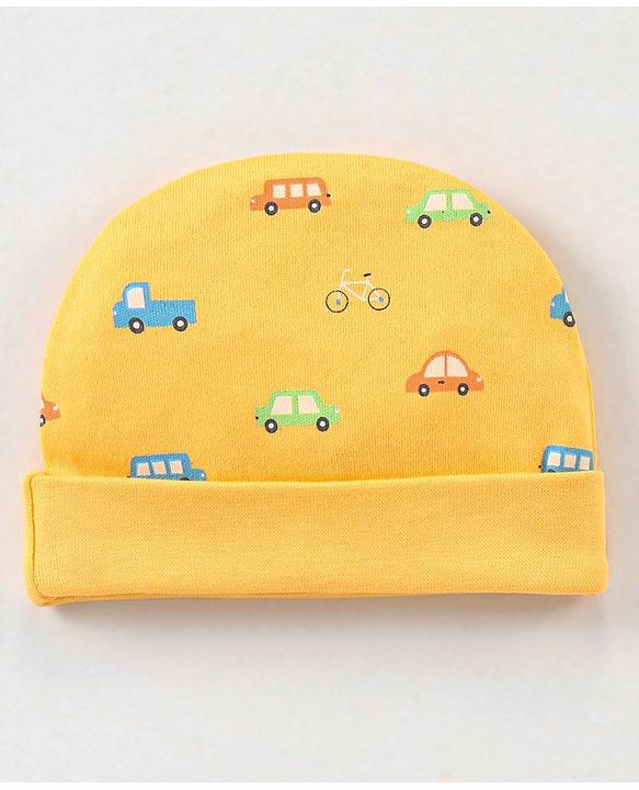 Babyhug 100% Cotton Knit Vehicles Printed Cap Mittens & Booties Set Yellow - Diameter - 9 cm