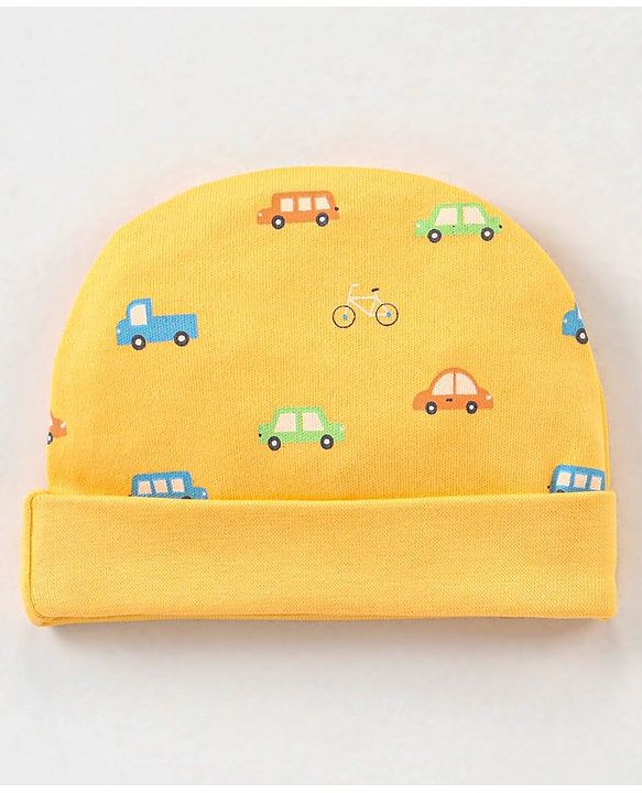 Babyhug 100% Cotton Knit Vehicles Printed Cap Mittens & Booties Set Blue & Yellow - Diameter - 10.5 cm