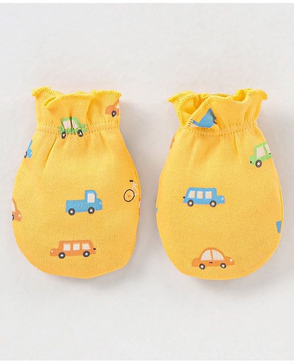 Babyhug 100% Cotton Knit Vehicles Printed Cap Mittens & Booties Set Blue & Yellow - Diameter - 10.5 cm