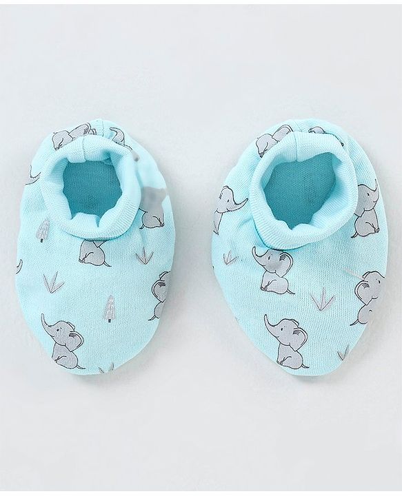 Babyhug 100% Cotton Cap Mittens And Booties Elephant Print - Blue