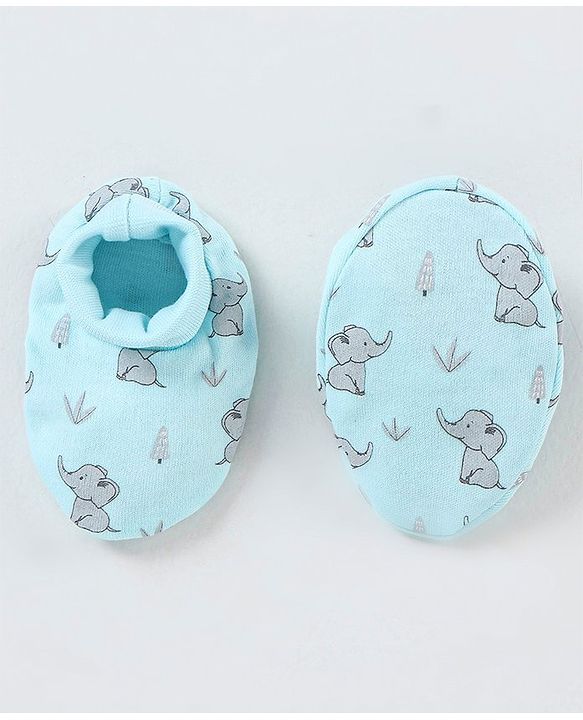 Babyhug 100% Cotton Cap Mittens And Booties Elephant Print - Blue