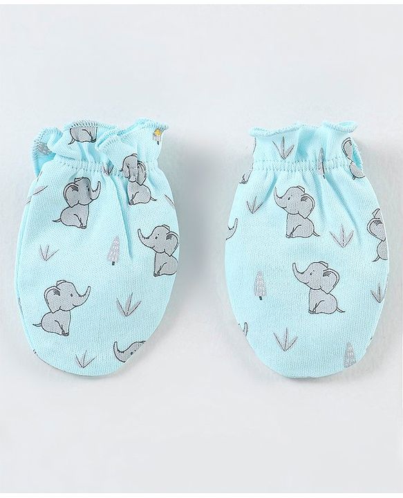 Babyhug 100% Cotton Cap Mittens And Booties Elephant Print - Blue