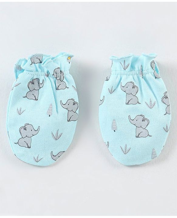 Babyhug 100% Cotton Cap Mittens And Booties Elephant Print - Blue