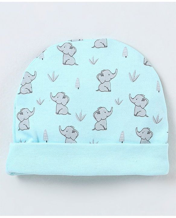 Babyhug 100% Cotton Cap Mittens And Booties Elephant Print - Blue