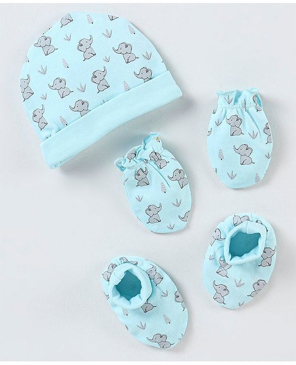 Babyhug 100% Cotton Cap Mittens And Booties Elephant Print - Blue