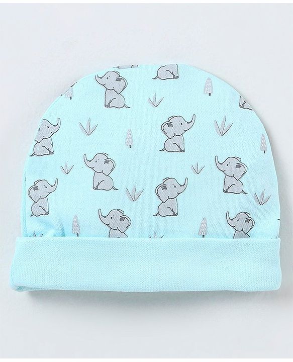 Babyhug 100% Cotton Cap Mittens And Booties Elephant Print - Blue