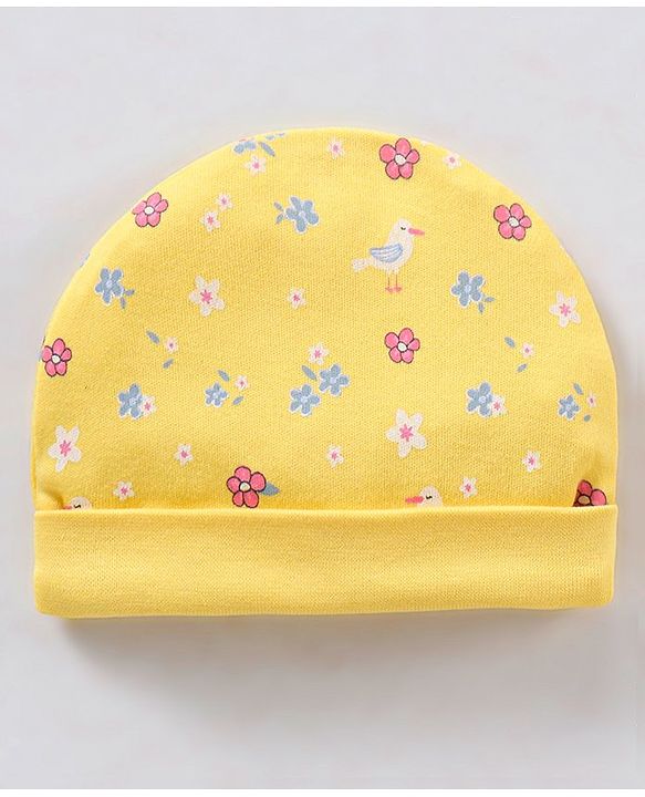 Babyhug 100% Cotton Cap Mittens & Booties Floral Print Yellow- Diameter 11.5 cm