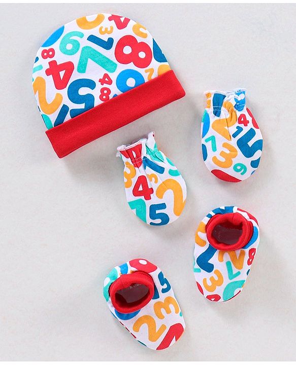 Babyhug 100% Cotton Cap Mittens And Booties Numbers Print Red - Cap Diameter 9 cm