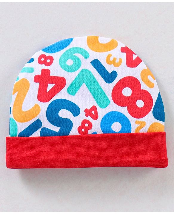 Babyhug 100% Cotton Cap Mittens And Booties Numbers Print Red - Cap Diameter 9 cm