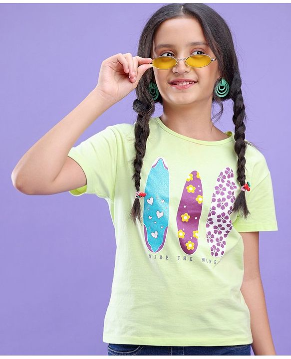 Pine Kids 100% Cotton Half Sleeves Biowashed T-Shirt Surf Board Print - Green