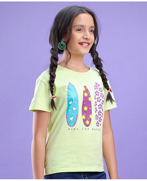 Pine Kids 100% Cotton Half Sleeves Biowashed T-Shirt Surf Board Print - Green