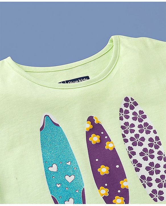 Pine Kids 100% Cotton Half Sleeves Biowashed T-Shirt Surf Board Print - Green