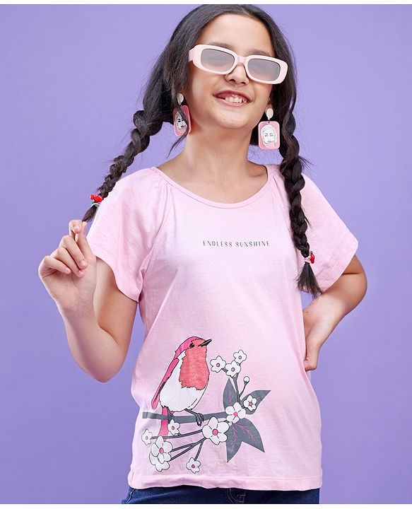Pine Kids 100% Cotton Knit Frill Sleeves Bio Washed T-Shirt Sparrow Print - Pink