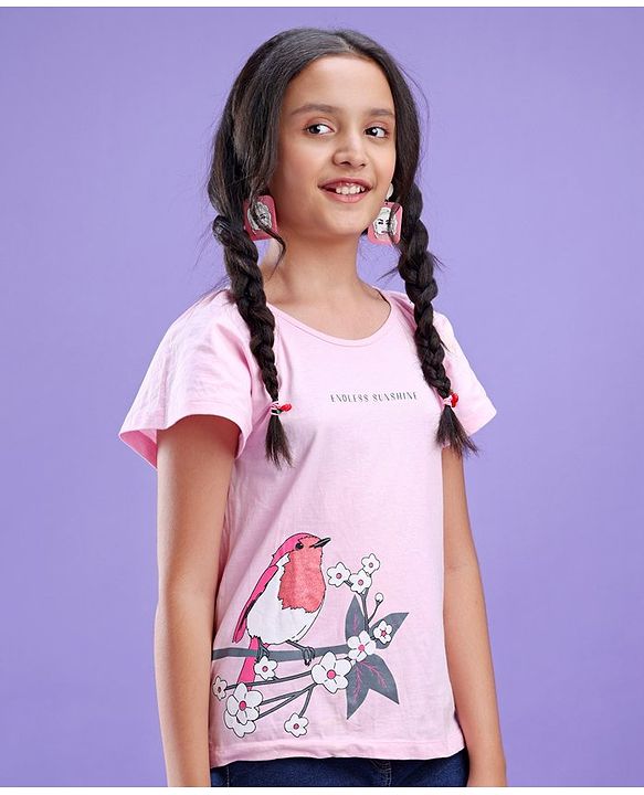 Pine Kids 100% Cotton Knit Frill Sleeves Bio Washed T-Shirt Sparrow Print - Pink