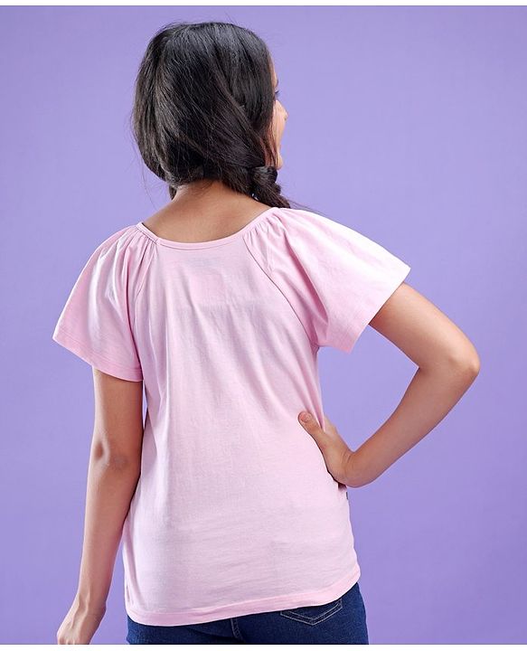 Pine Kids 100% Cotton Knit Frill Sleeves Bio Washed T-Shirt Sparrow Print - Pink