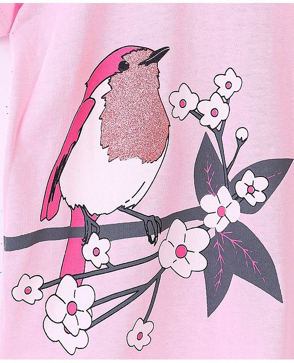 Pine Kids 100% Cotton Knit Frill Sleeves Bio Washed T-Shirt Sparrow Print - Pink