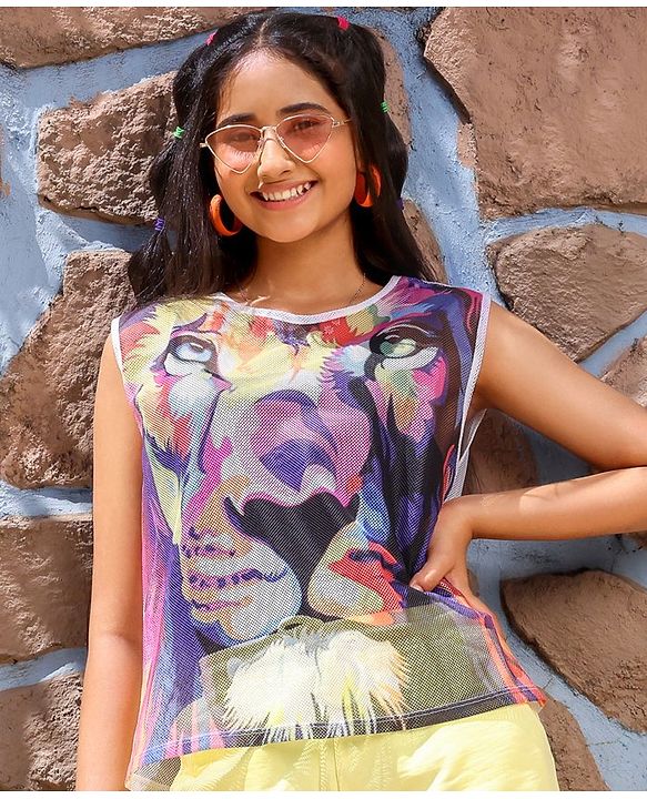 Pine kids 100% Cotton Sleeveless Mesh T-Shirt with Stretchable Camisole Lion Face Print - Purple & Yellow