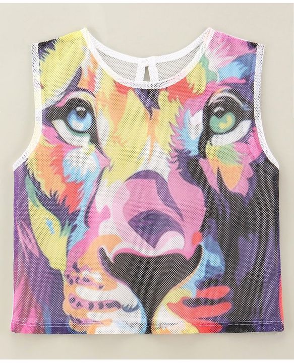 Pine kids 100% Cotton Sleeveless Mesh T-Shirt with Stretchable Camisole Lion Face Print - Purple & Yellow