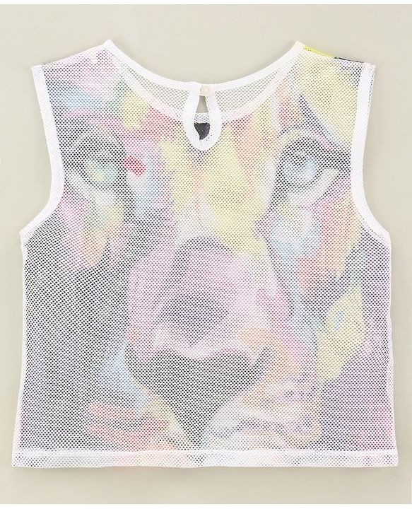 Pine kids 100% Cotton Sleeveless Mesh T-Shirt with Stretchable Camisole Lion Face Print - Purple & Yellow