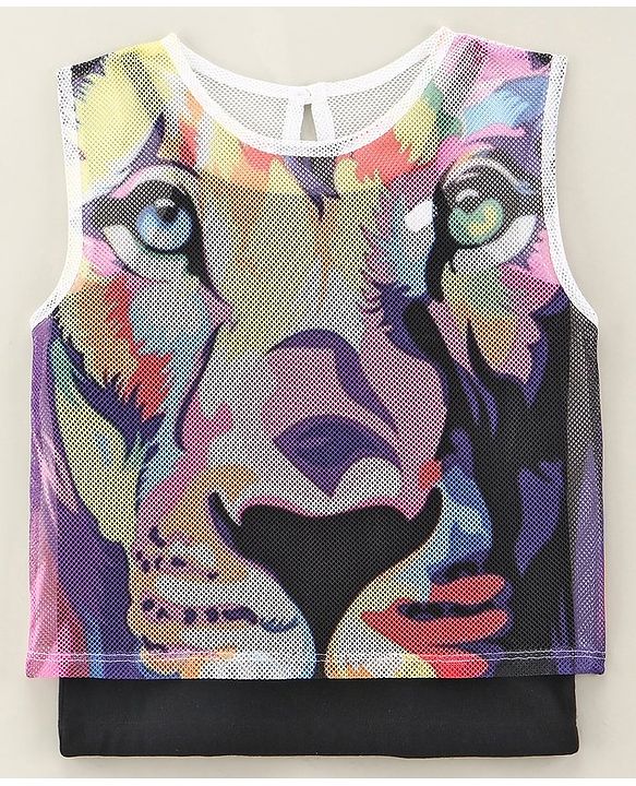 Pine kids 100% Cotton Sleeveless Mesh T-Shirt with Stretchable Camisole Lion Face Print - Purple & Yellow
